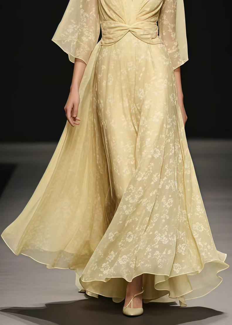 Fashion Light Yellow Cinched Exra Large Hem Chiffon Long Dress Summer
