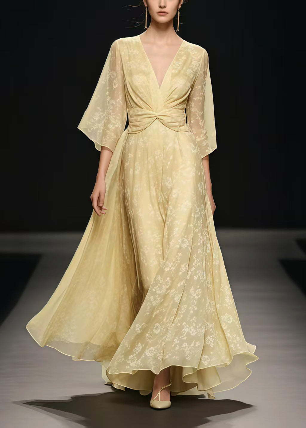 Fashion Light Yellow Cinched Exra Large Hem Chiffon Long Dress Summer