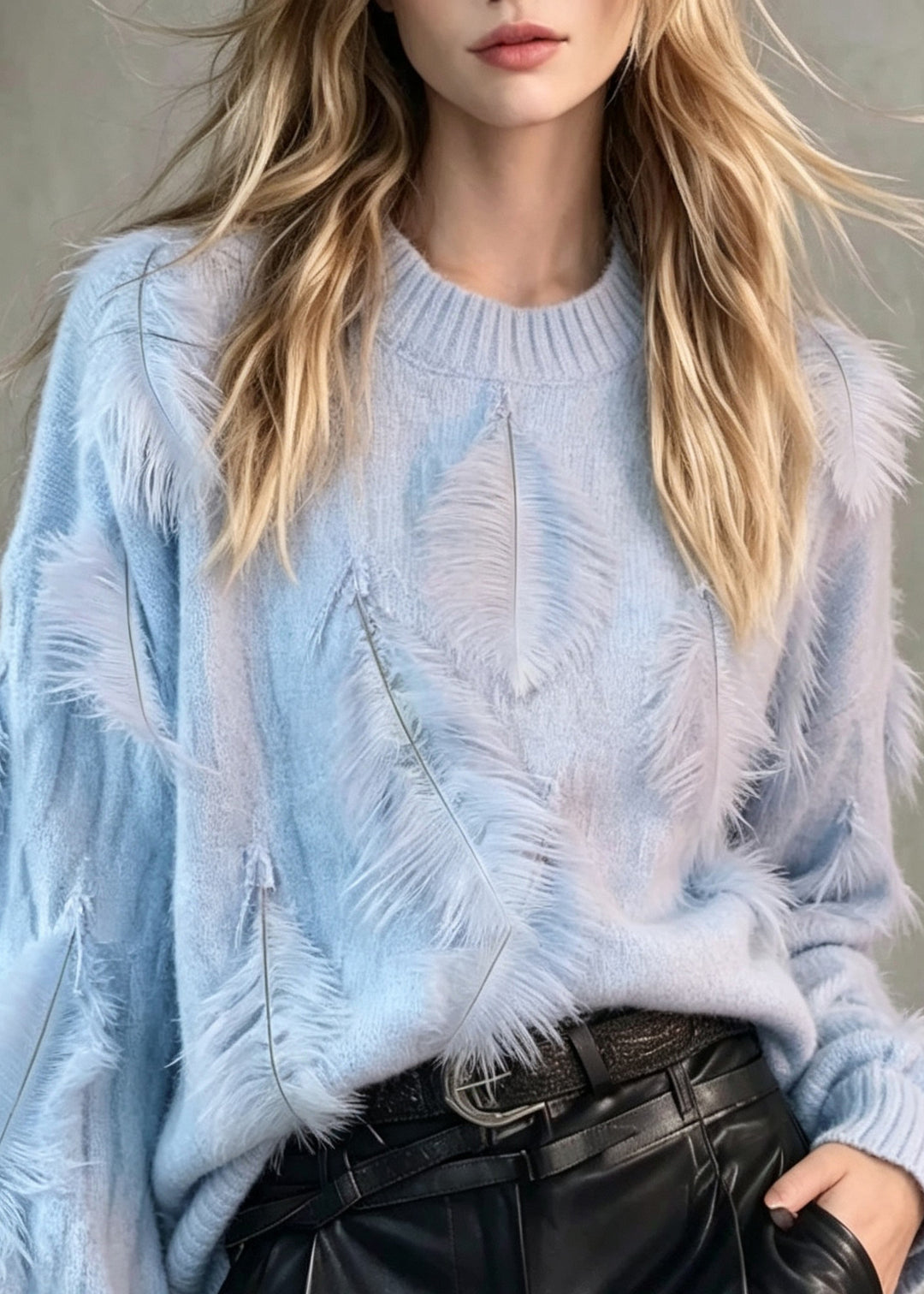 Fashion Loose Blue O Neck Feather Knit Pullover Fall