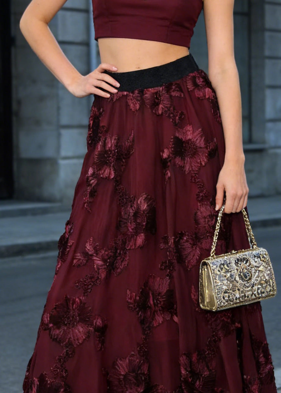 Fashion Mulberry High Waist Floral Wrinkled Tulle Skirt Spring