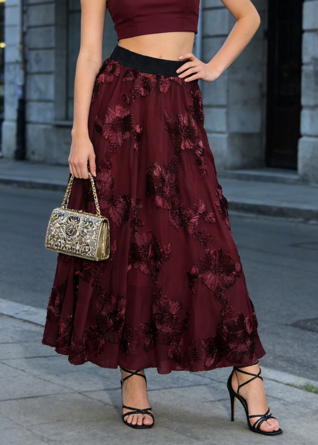 Fashion Mulberry High Waist Floral Wrinkled Tulle Skirt Spring