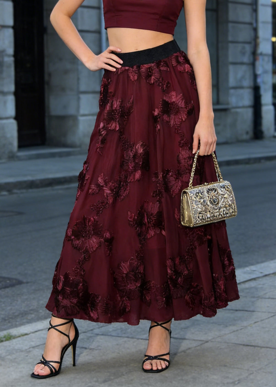Fashion Mulberry High Waist Floral Wrinkled Tulle Skirt Spring