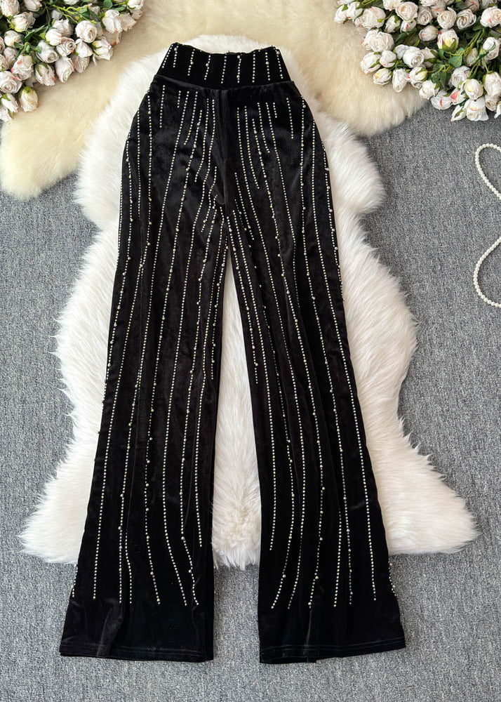 Fashion Mulberry Striped Zircon Silk Velvet Wide Leg Pants Spring