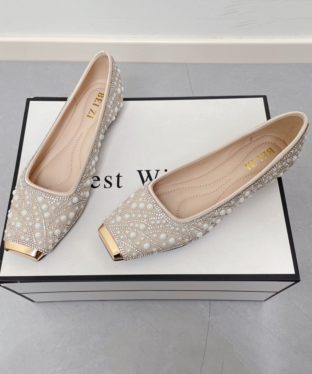 Fashion Nail Bead Zircon Splicing Penny Loafers Apricot Faux Leather