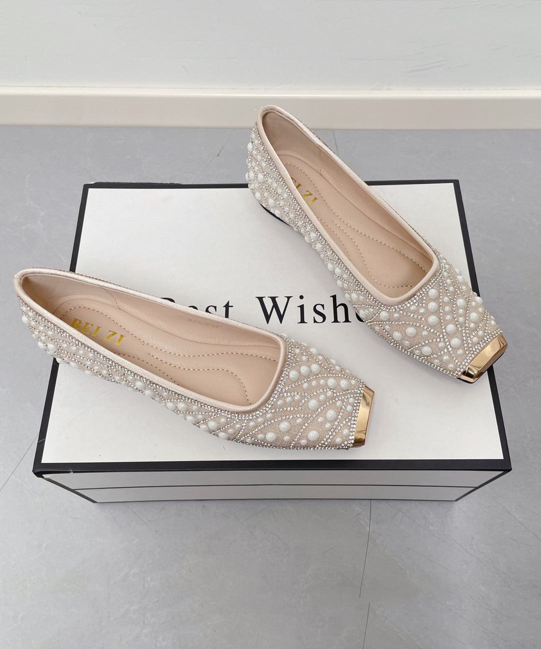 Fashion Nail Bead Zircon Splicing Penny Loafers Apricot Faux Leather