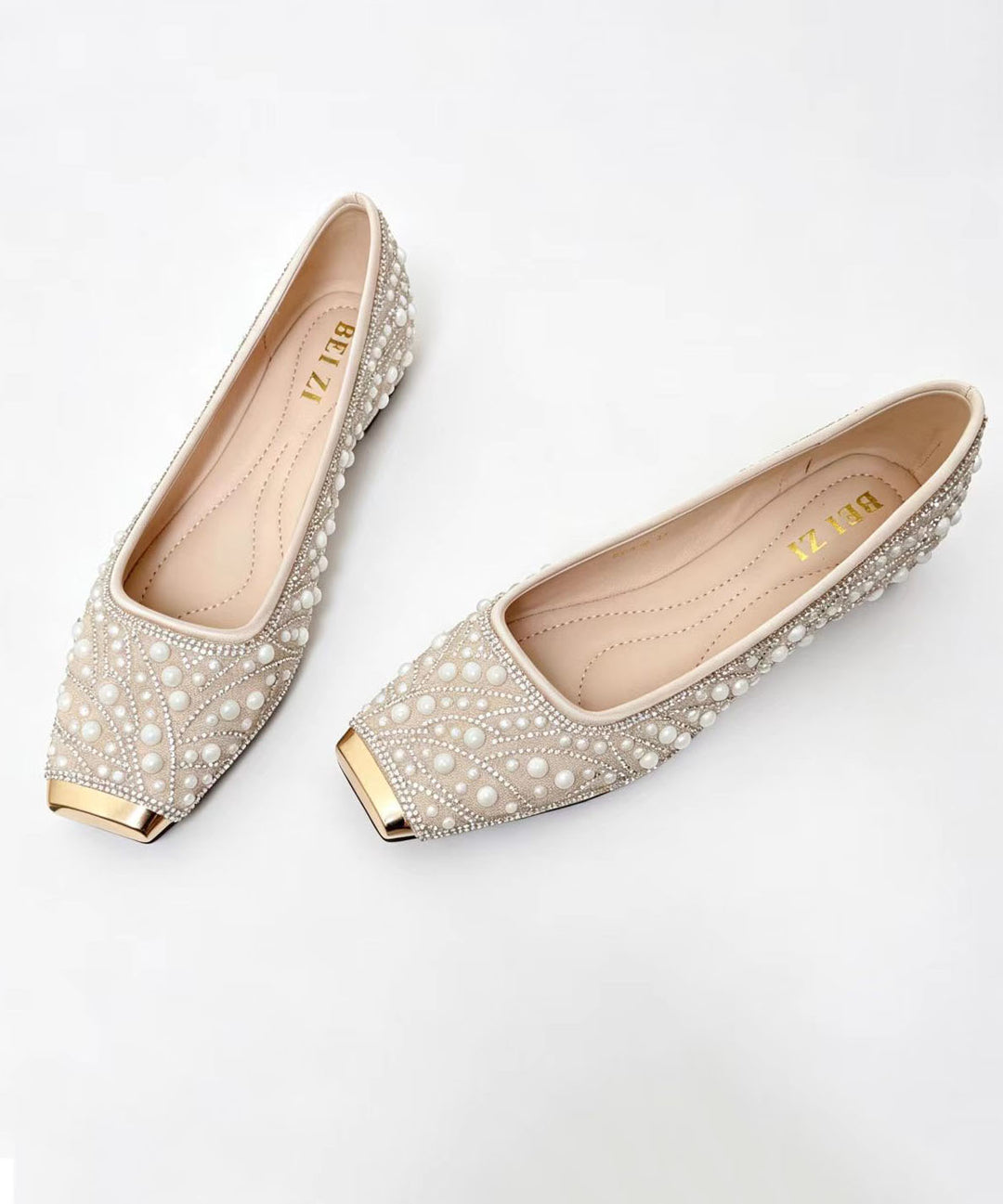 Fashion Nail Bead Zircon Splicing Penny Loafers Apricot Faux Leather