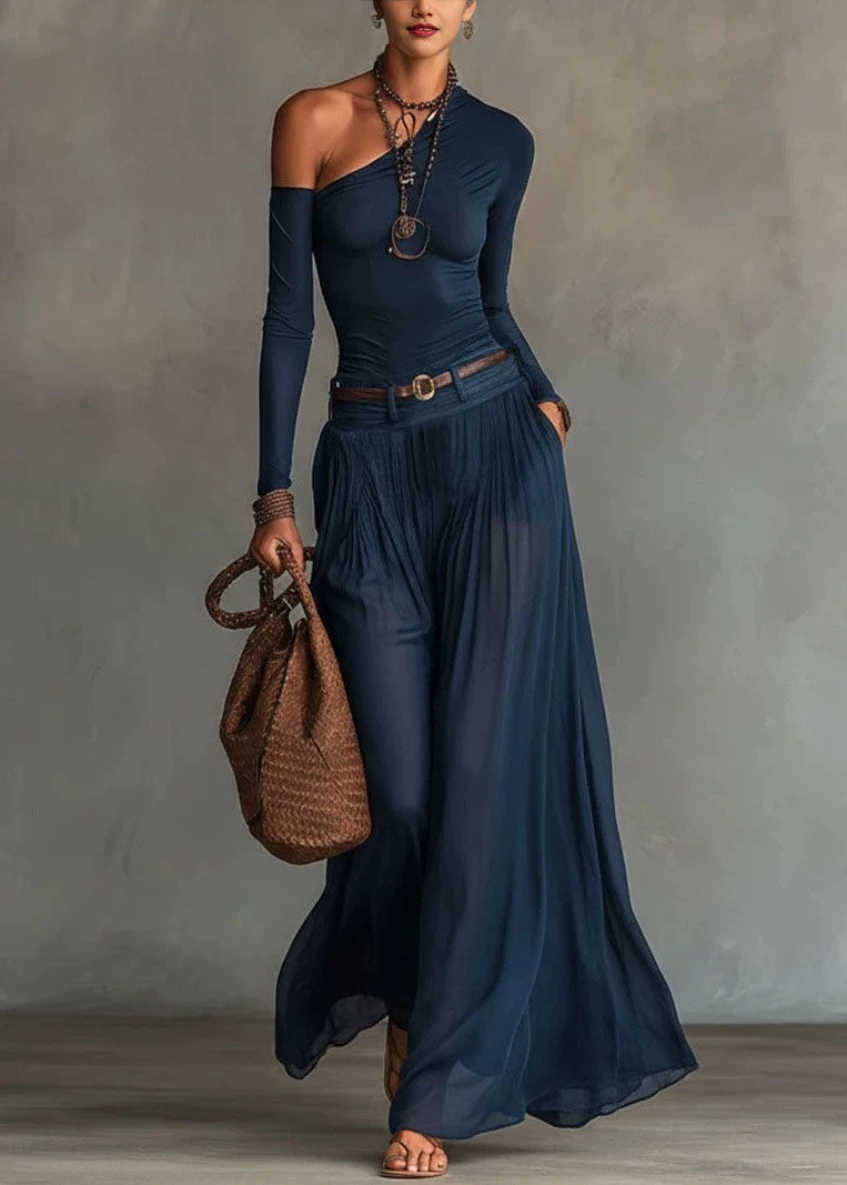 Fashion Navy Cold Shoulder Cotton Two Piece Set Women Clothing Fall
