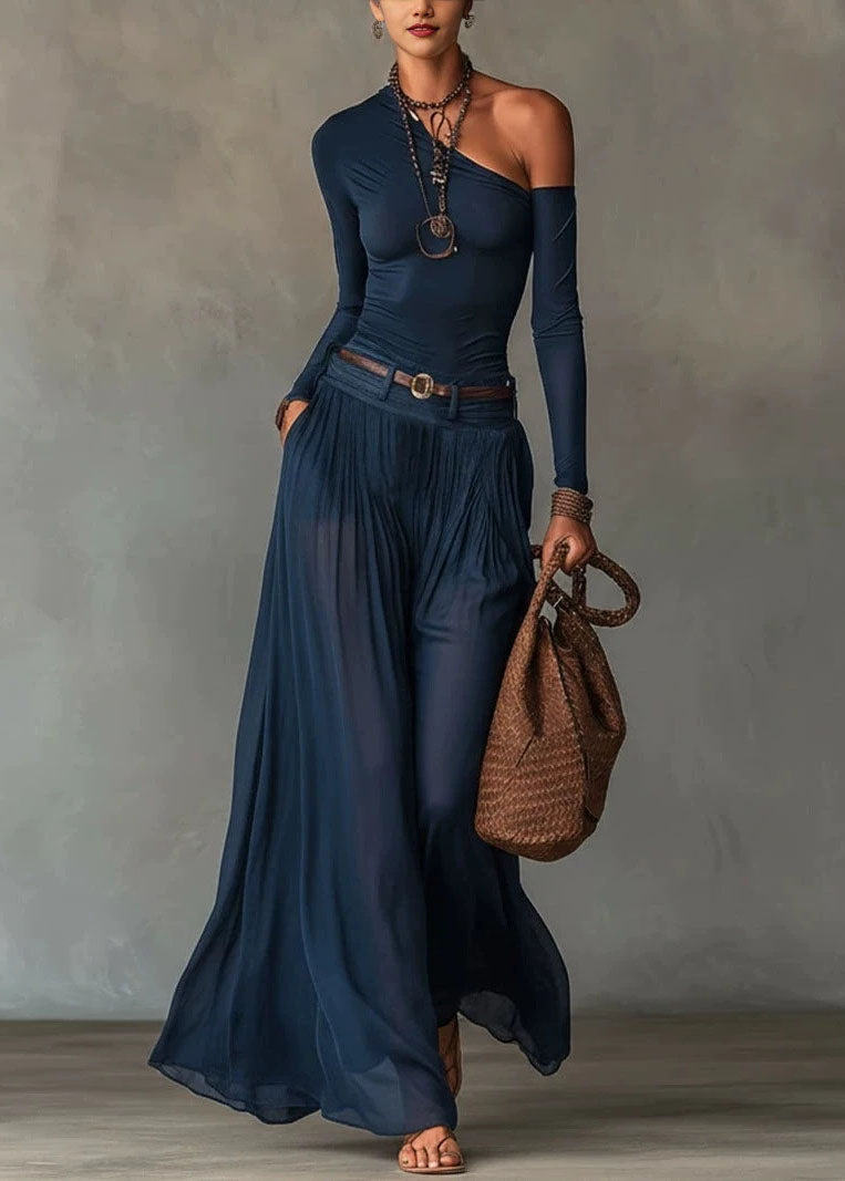 Fashion Navy Cold Shoulder Cotton Two Piece Set Women Clothing Fall