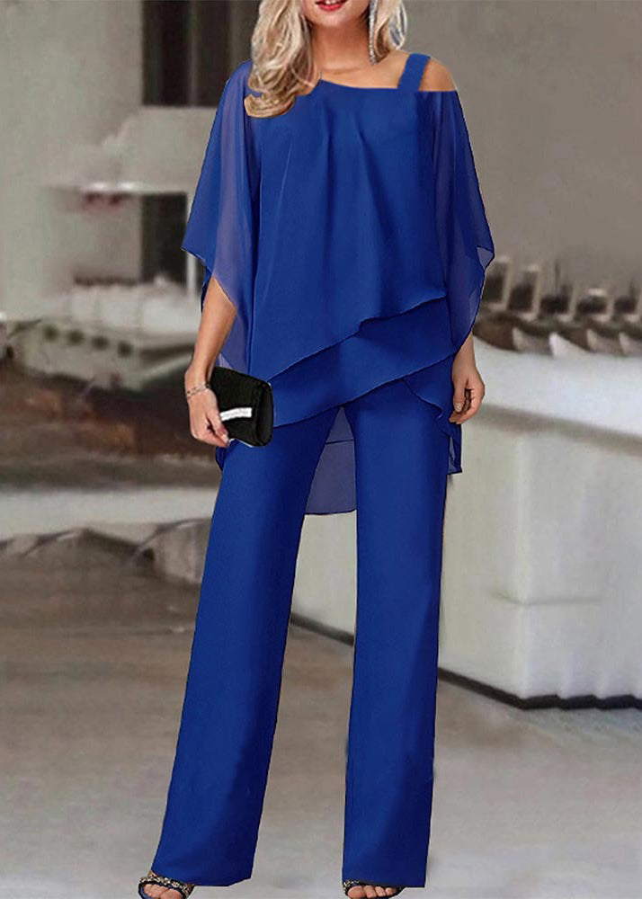 Fashion Navy Cold Shoulder Patchwork Chiffon Two Pieces Set Summer