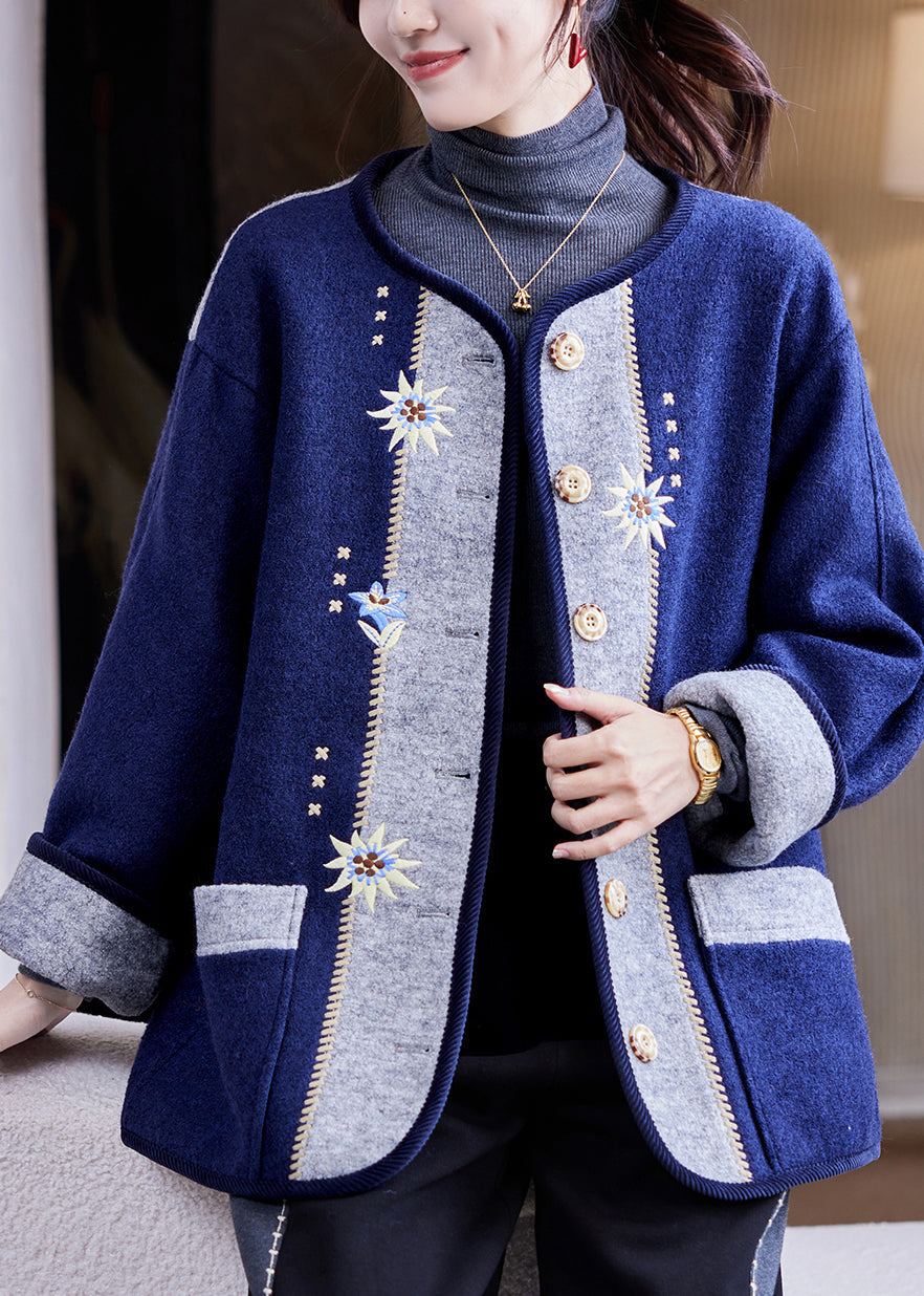 Fashion Navy Embroidered Button Woolen Coats Fall