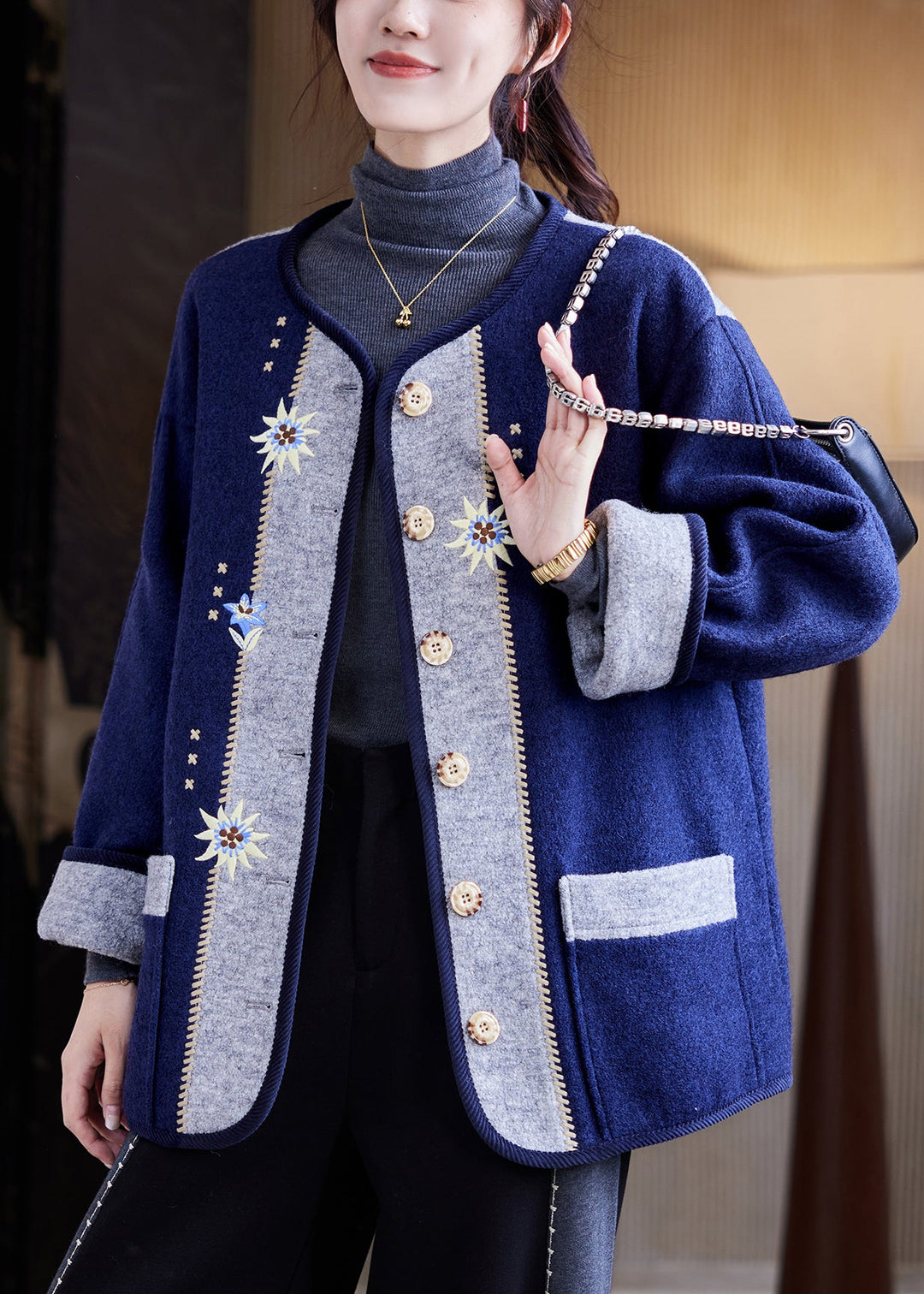Fashion Navy Embroidered Button Woolen Coats Fall