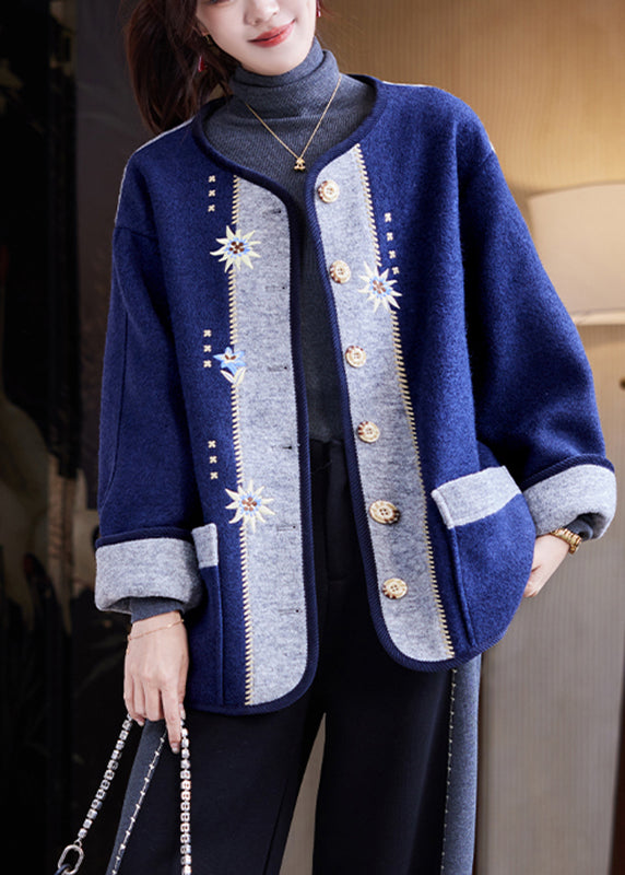 Fashion Navy Embroidered Button Woolen Coats Fall