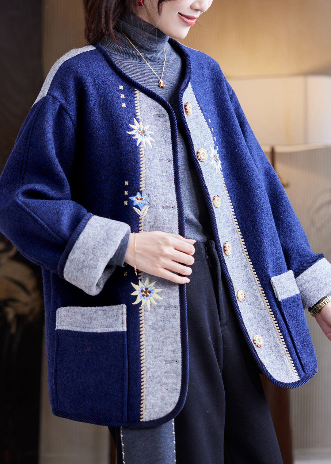 Fashion Navy Embroidered Button Woolen Coats Fall