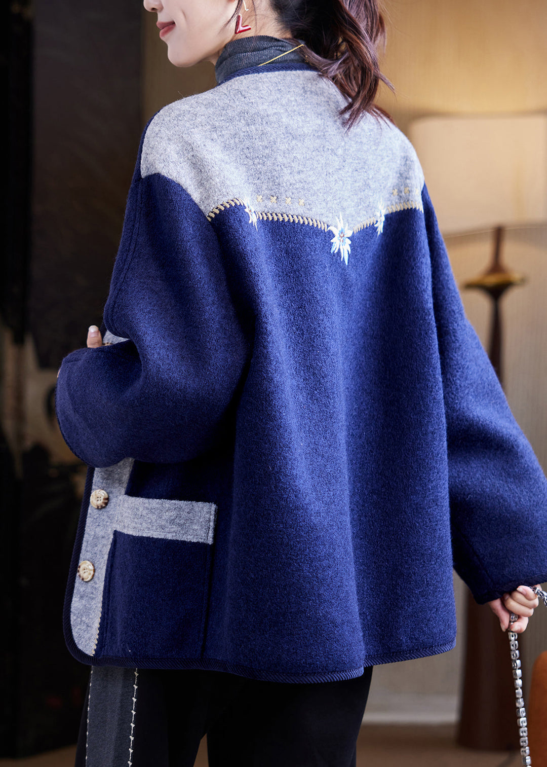 Fashion Navy Embroidered Button Woolen Coats Fall
