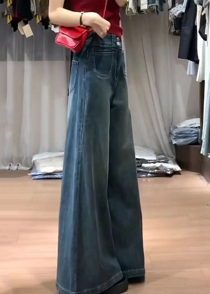 Fashion Navy High Waist With Pockets Denim Bell-bottom Trousers Fall