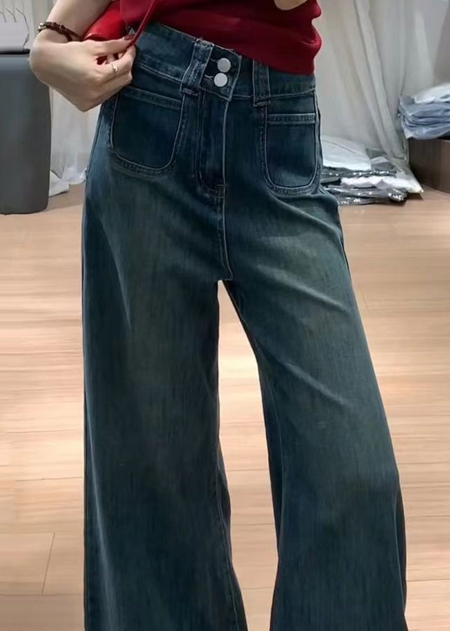 Fashion Navy High Waist With Pockets Denim Bell-bottom Trousers Fall