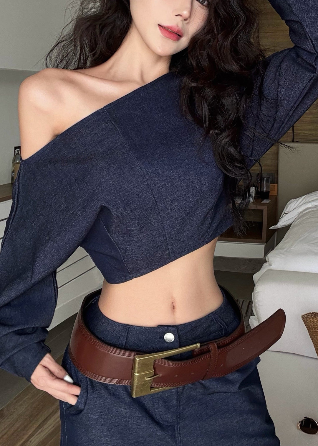 Fashion Navy One Shoulder Denim Two Piece Suit Set Summer