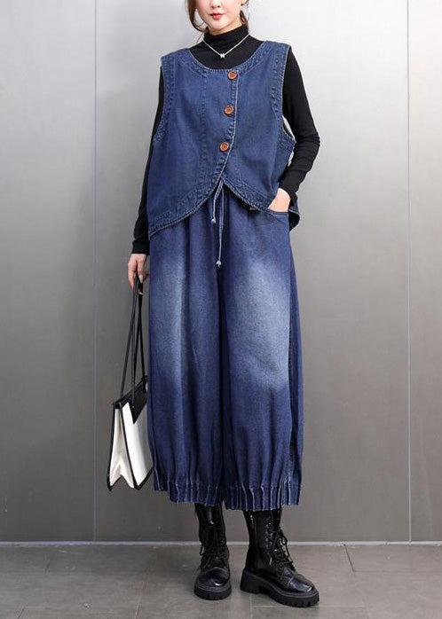 Fashion Navy Oversized Denim Vests And Harem Pants Two Pieces Set Summer