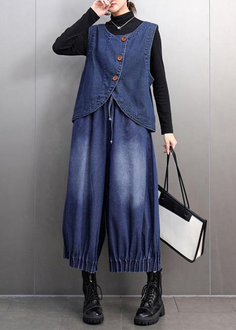 Fashion Navy Oversized Denim Vests And Harem Pants Two Pieces Set Summer