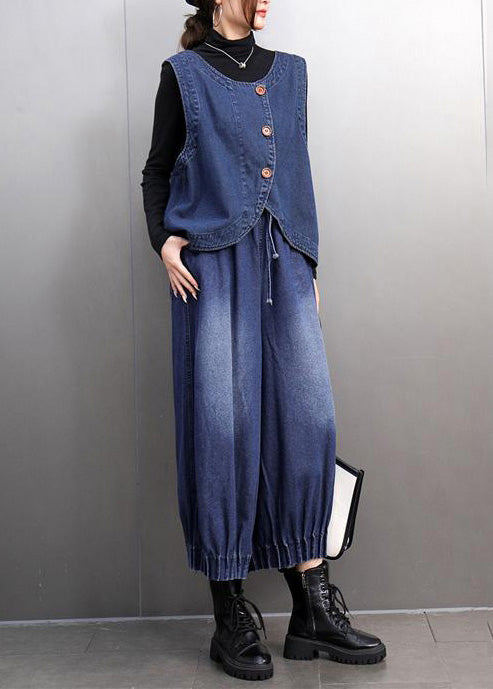 Fashion Navy Oversized Denim Vests And Harem Pants Two Pieces Set Summer