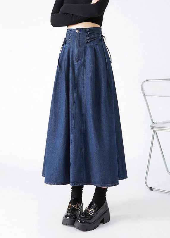 Fashion Navy Patchwork Tie Waist Denim Maxi Skirts Spring