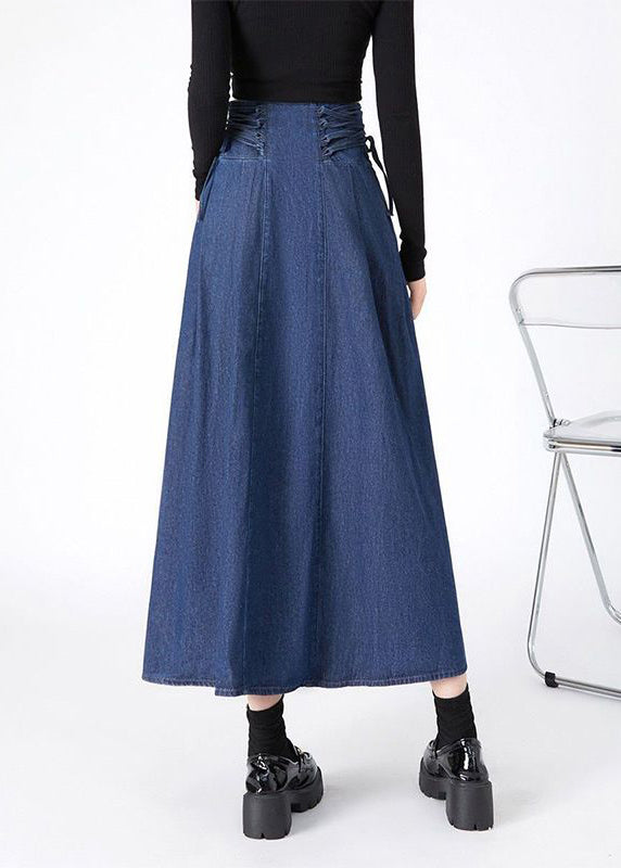 Fashion Navy Patchwork Tie Waist Denim Maxi Skirts Spring