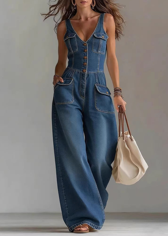 Fashion Navy V Neck Pockets Patchwork Denim Jumpsuit Summer