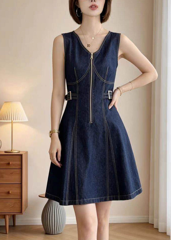 Fashion Navy Zip Up Denim Mini Dress Summer