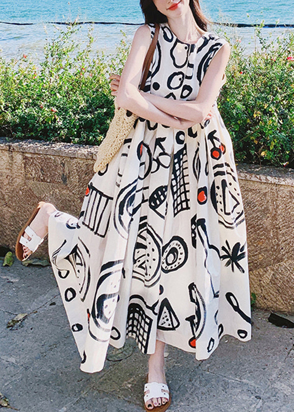 Fashion O Neck Graffiti Print Cotton Long Dress Sleeveless