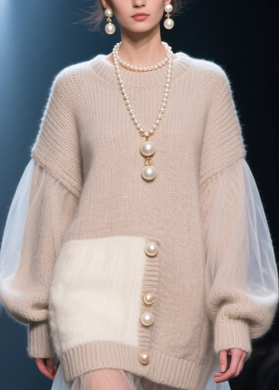 Fashion O Neck Tulle Patchwork Knit Long Sweater Fall