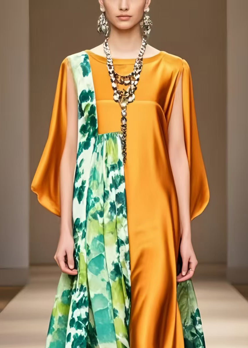 Fashion Orange Asymmetrical Print Silk Robe Dresses Cloak Sleeves