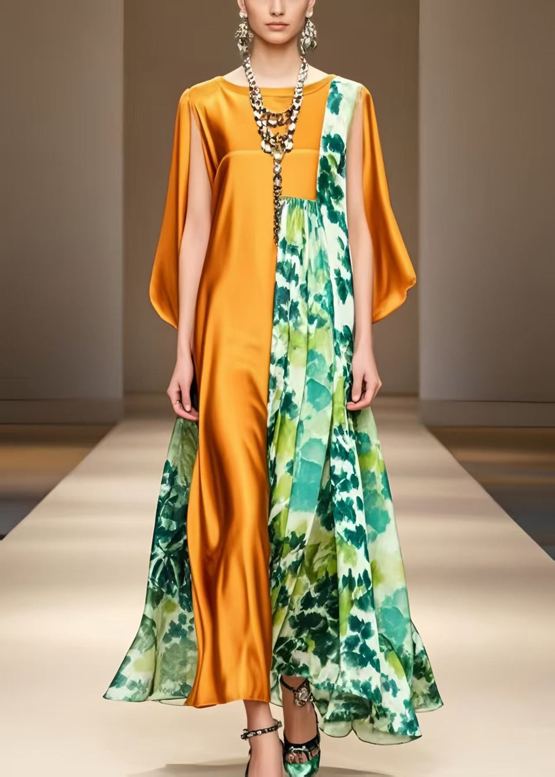 Fashion Orange Asymmetrical Print Silk Robe Dresses Cloak Sleeves