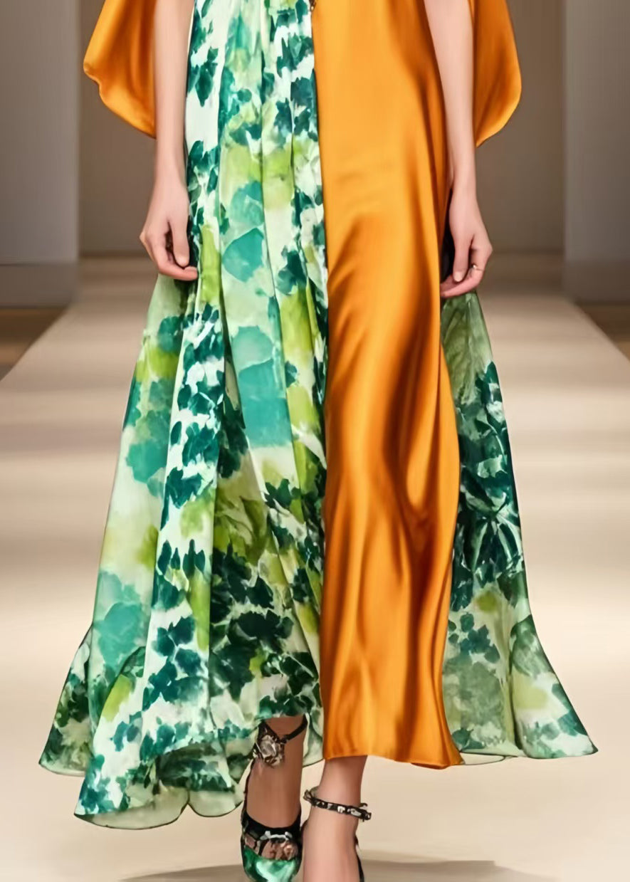 Fashion Orange Asymmetrical Print Silk Robe Dresses Cloak Sleeves