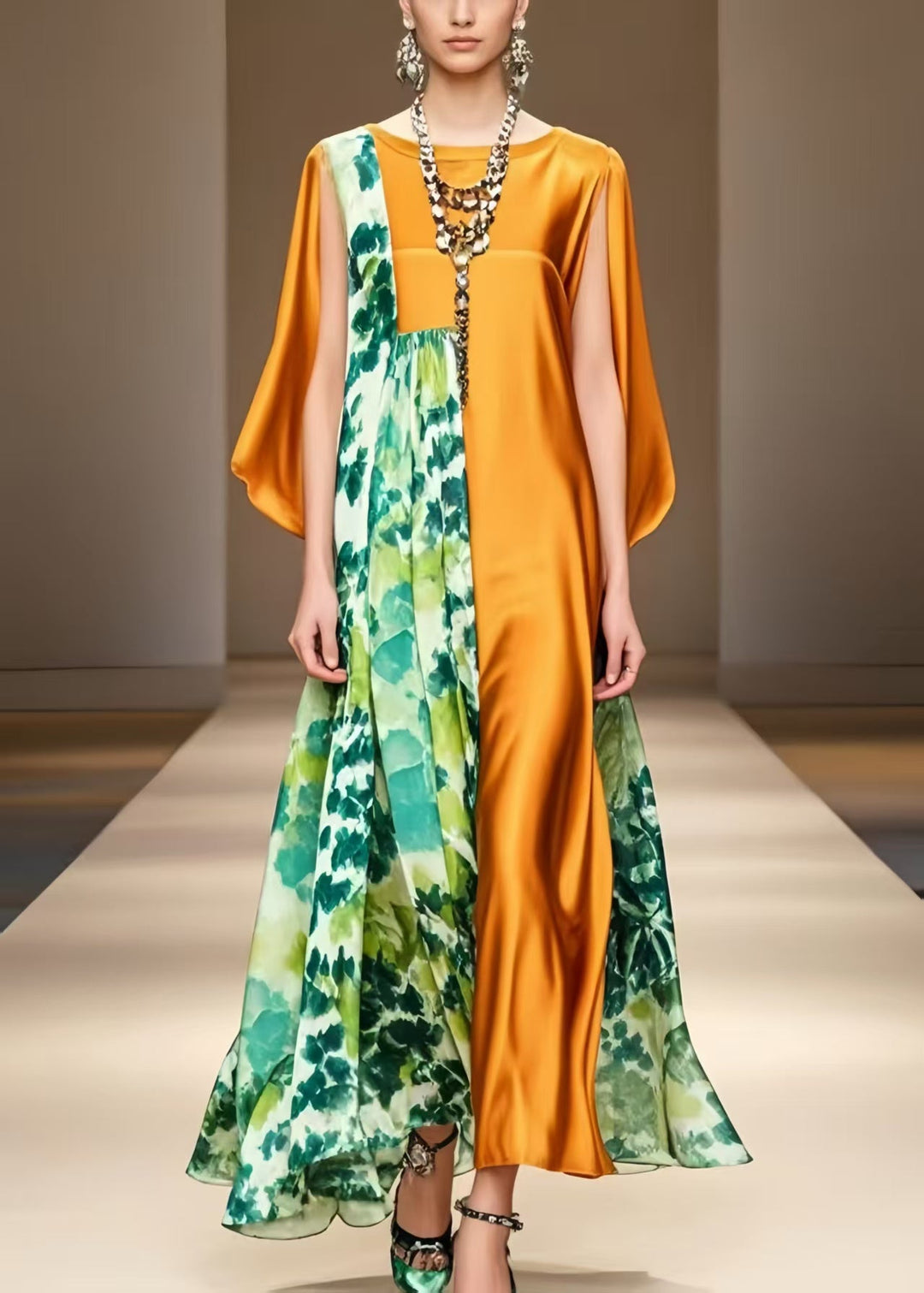 Fashion Orange Asymmetrical Print Silk Robe Dresses Cloak Sleeves