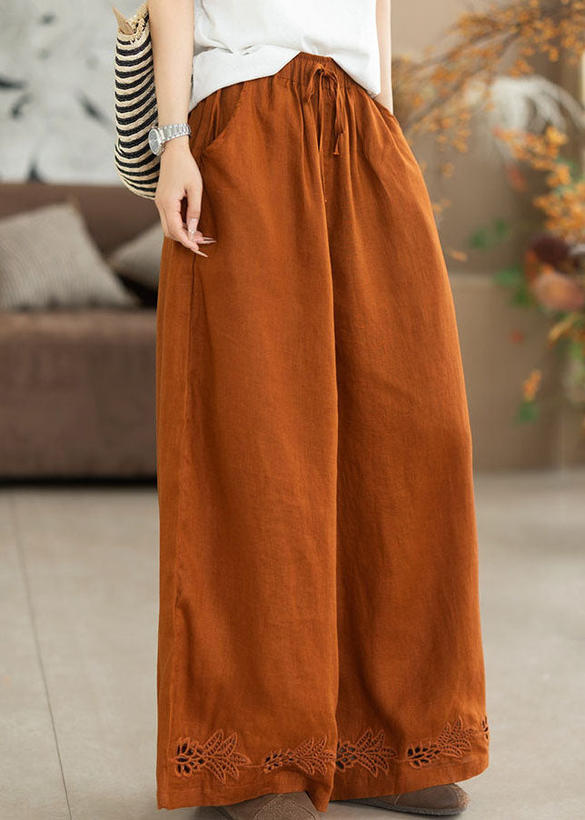 Fashion Orange Embroidered Oversized Linen Wide Leg Pants Summer