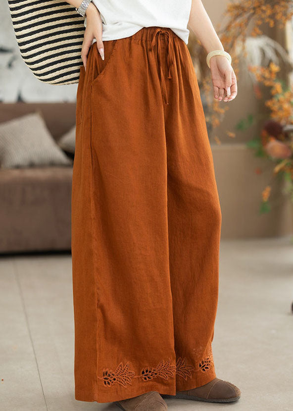 Fashion Orange Embroidered Oversized Linen Wide Leg Pants Summer