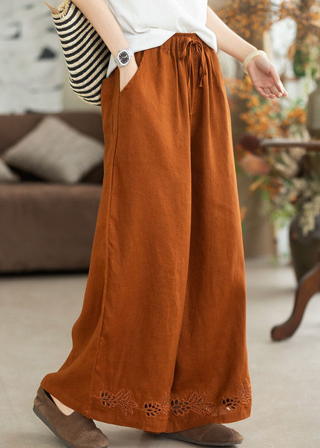 Fashion Orange Embroidered Oversized Linen Wide Leg Pants Summer