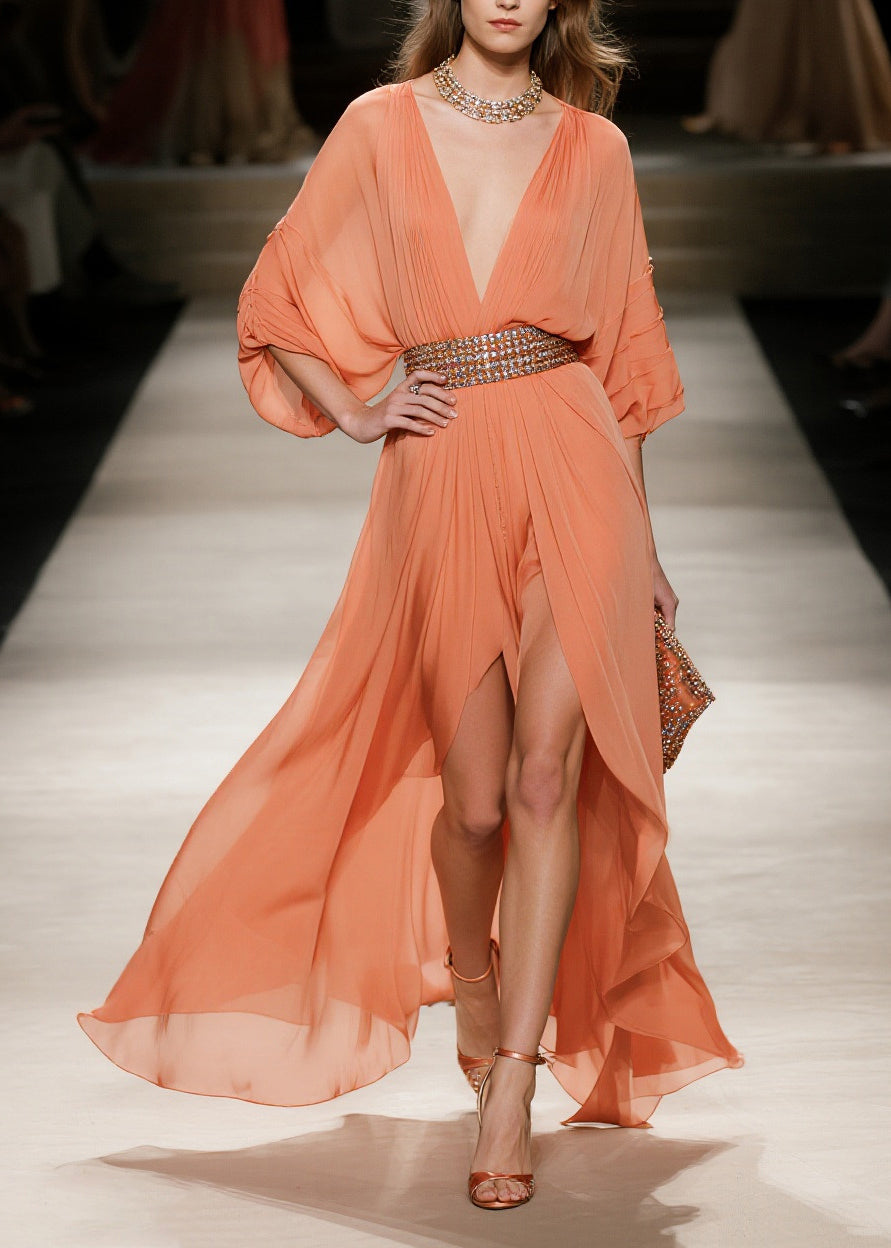 Fashion Orange Exra Large Hem Side Open Tulle Maxi Dress Summer