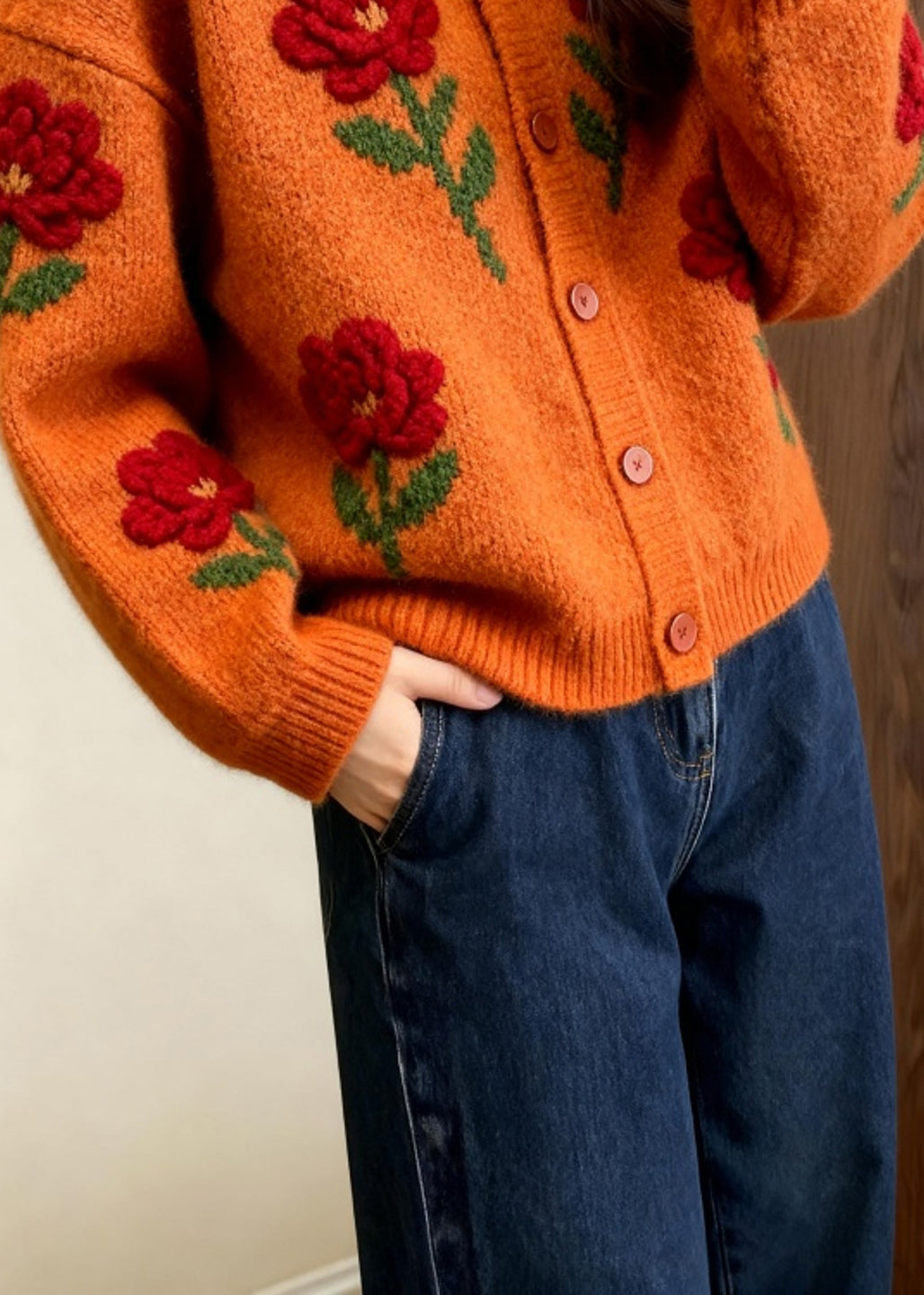 Fashion Orange O Neck Floral Knit Loose Cardigans Fall