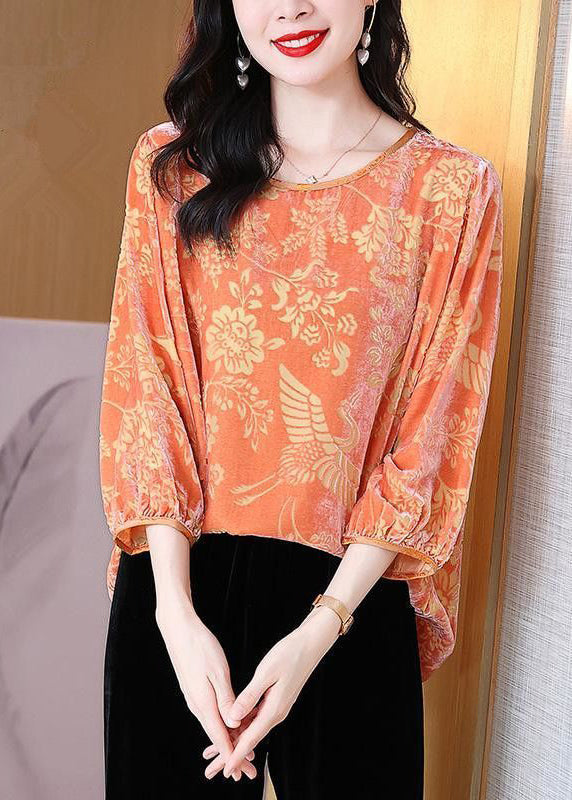 Fashion Orange O-Neck Print Silk Velour Tops Fall