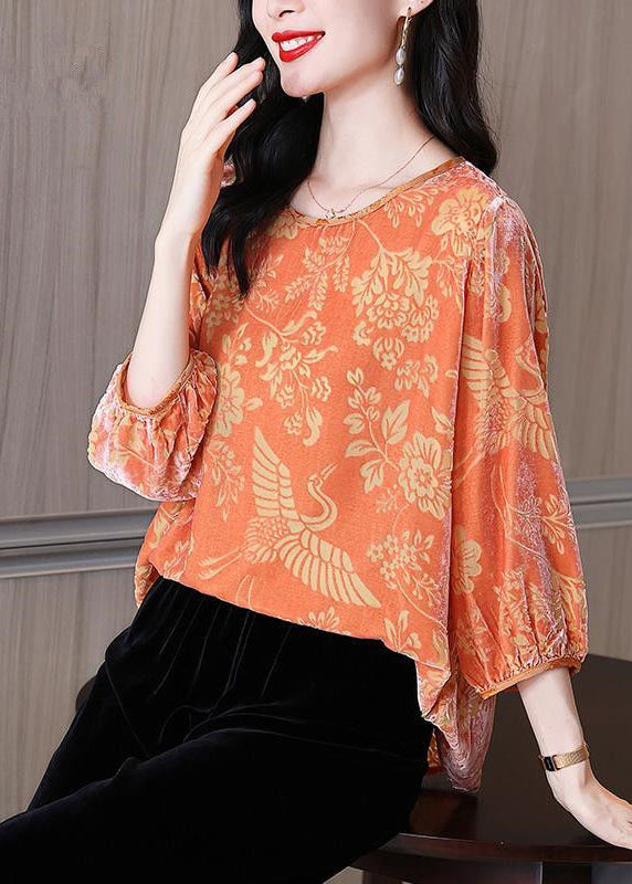 Fashion Orange O-Neck Print Silk Velour Tops Fall