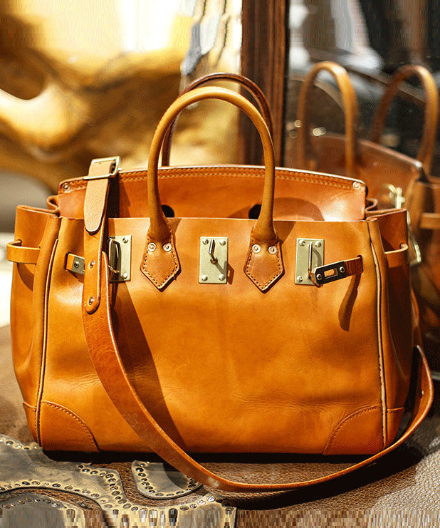 Fashion Orange Solid Durable Leather Women Tote Handbag