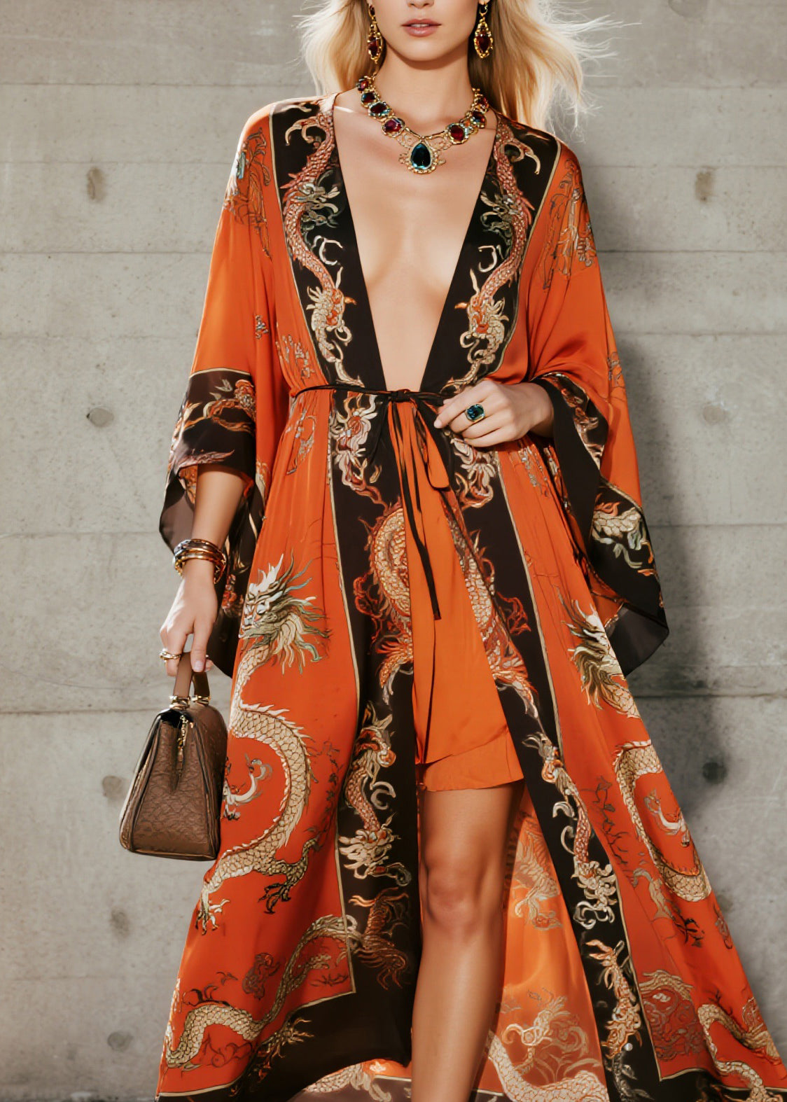 Fashion Orange V Neck Print Chiffon Loose Cardigans Summer - Omychic