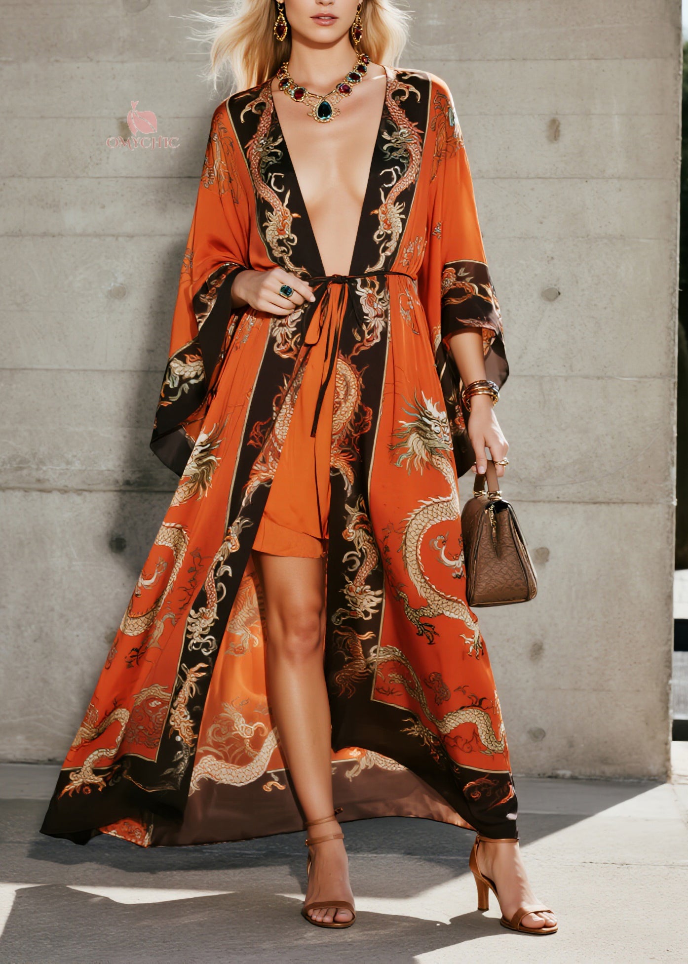 Fashion Orange V Neck Print Chiffon Loose Cardigans Summer - Omychic