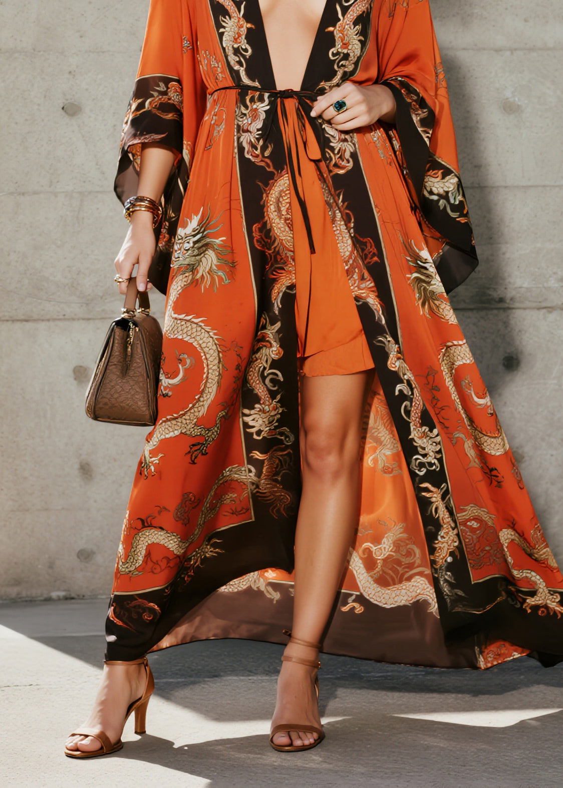 Fashion Orange V Neck Print Chiffon Loose Cardigans Summer - Omychic