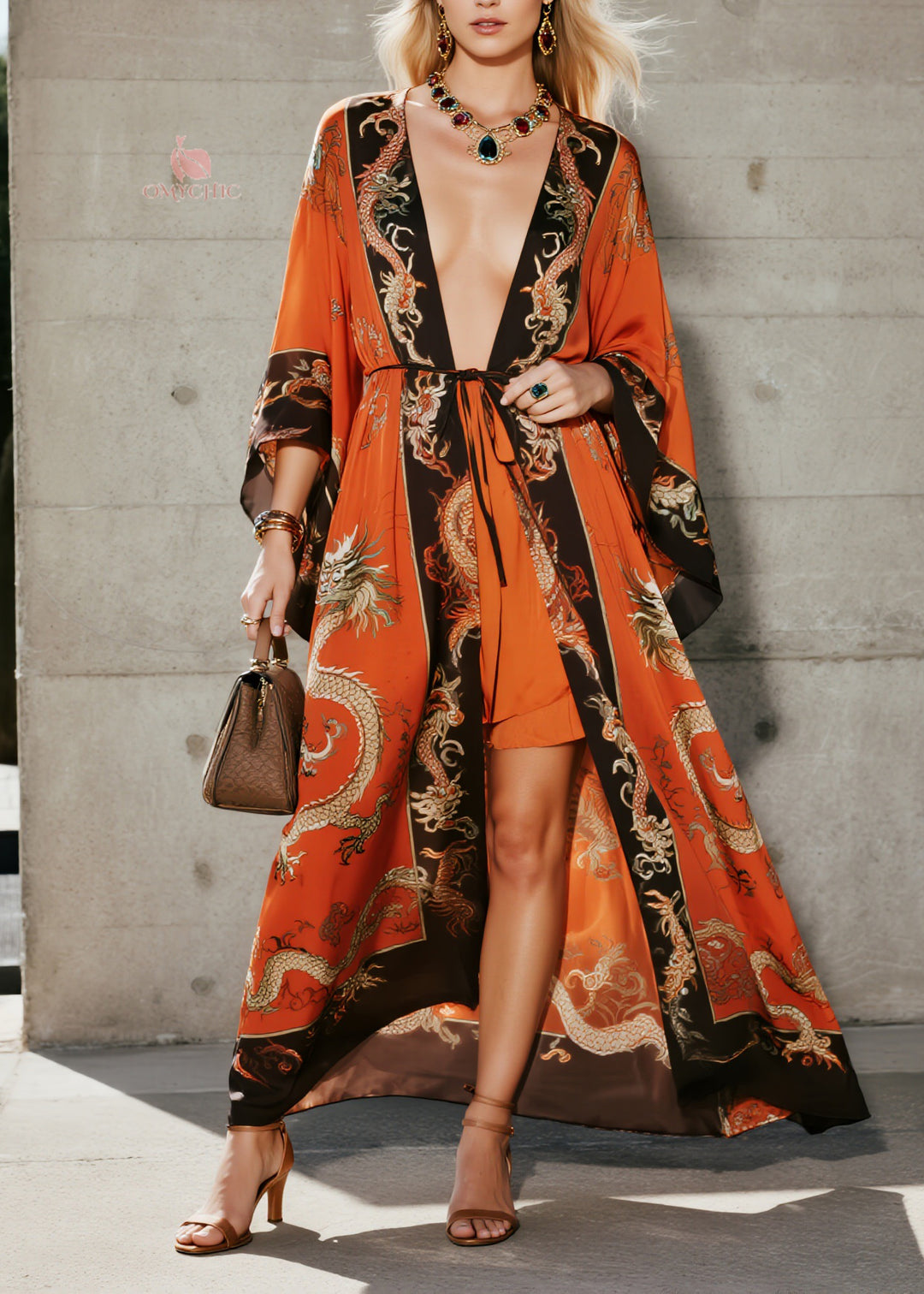 Fashion Orange V Neck Print Chiffon Loose Cardigans Summer - Omychic