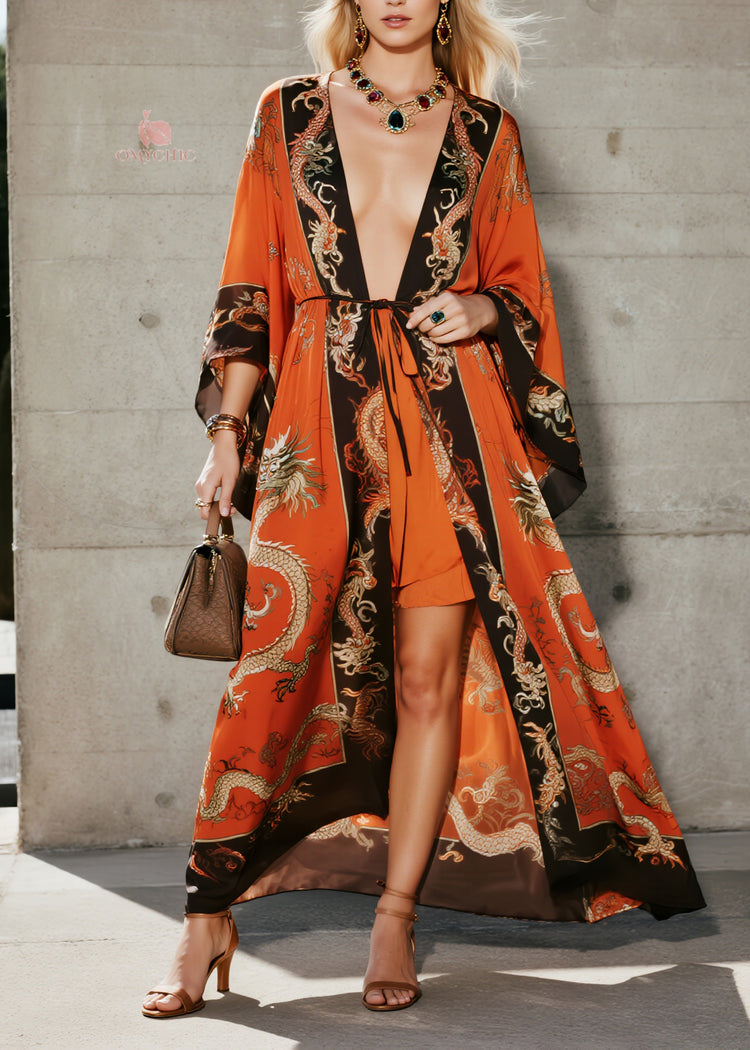Fashion Orange V Neck Print Chiffon Loose Cardigans Summer - Omychic