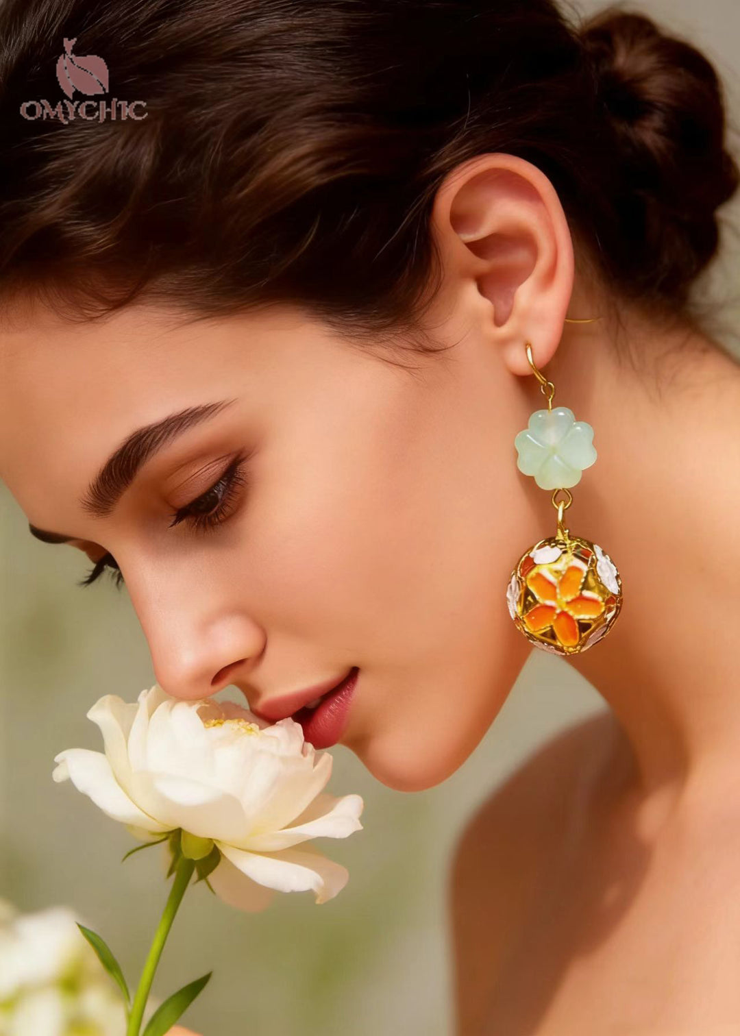 Fashion Painting Circular Fine Flower Jade Drop Earrings