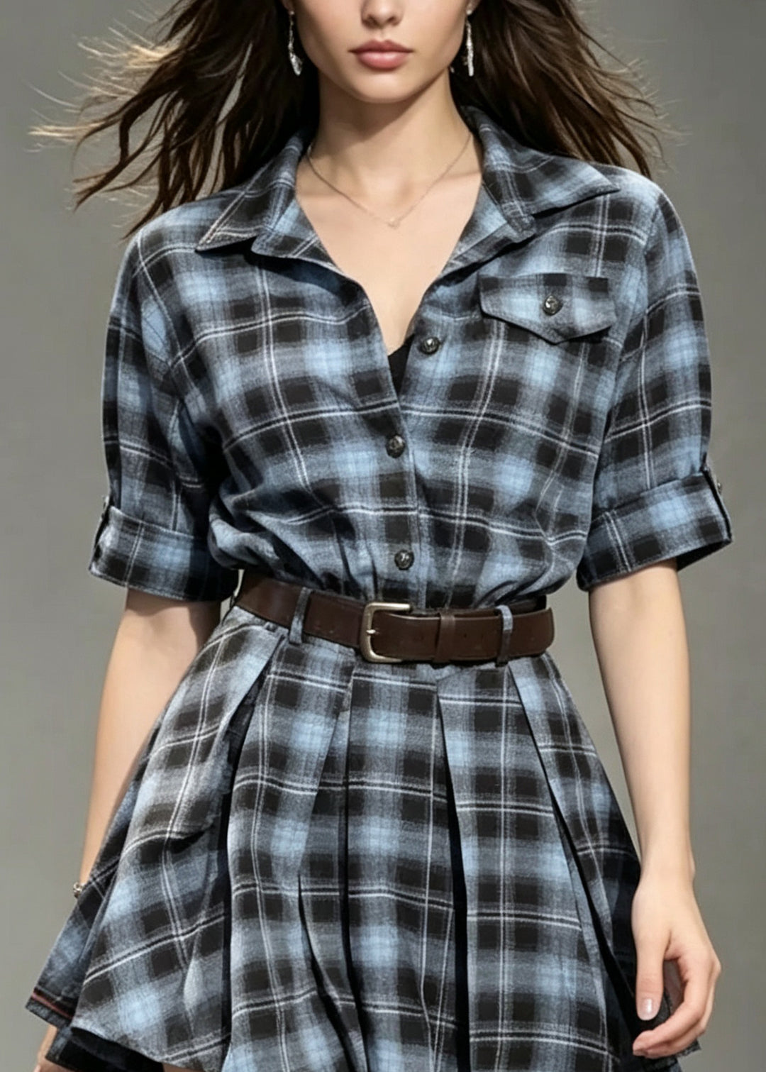 Fashion Peter Pan Collar Plaid Cotton Shirts Dress Summer