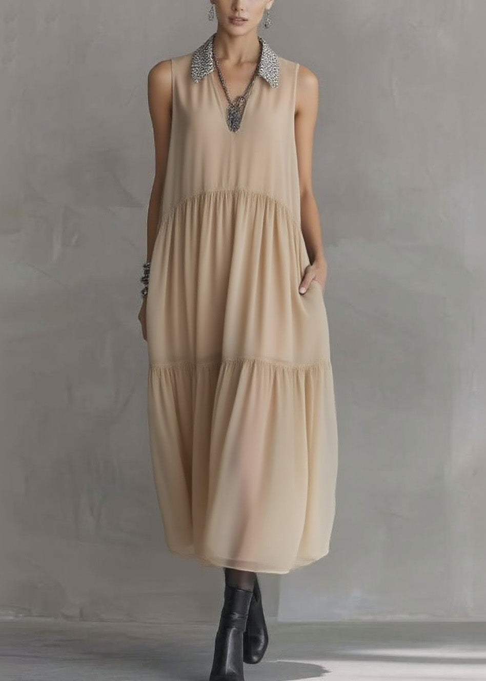 Fashion Peter Pan Collar Wrinkled Patchwork Chiffon Dress Sleeveless